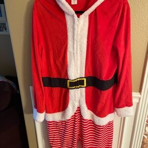 Women’s Cute Santa Onesie with Hood Pom Ball Hat Zip Up Front Stripped Legs XXL